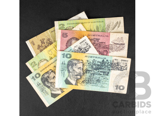 Two Australian Ten Dollar Notes 1966, R301 Coombs/Wilson, 1985 Johnston/Fraser R309, 1991 Five Dollar Note R213, Fraser/Cole, Two Dollar Notes 1968 R83 Phillips/Randall, 1985 R89 Johnston/Fraser...........