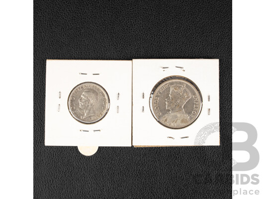 Italy 1927 Silver Five Lire Coin and New Zealand 1934 Silver Florin