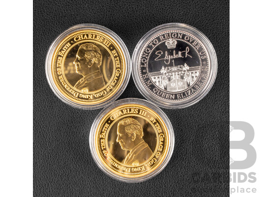 Three Royal Commemorative Coins Including Platinum Plated 1947 Queen Elizabeth II Marriage to Prince Phillip, Gold Plated King Charles III/Queen Elizabeth II Funeral, Gold Plated King Charles III First Visit to Australia