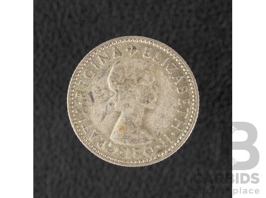 Australian 1954 Silver Sixpence with Die Crack .500