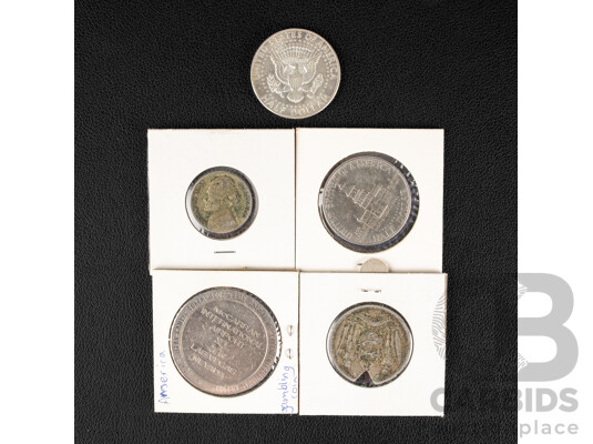 USA 1943 Silver Five Cents, 1967 Silver Kennedy Half Dollar, 1976 Kennedy Half Dollar, McCarran International Airport Gambling Token, North Borneo 1903 Five Cents, Edge Clipped