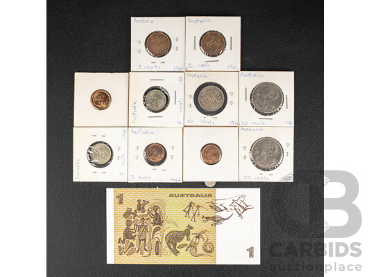 Australian 1982 One Dollar Banknote, Johnston/Stone with One, Two, Ten, Twenty Cent Coins Spanning 1966 to 1988 Including Ex Mint Set and High Grade