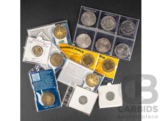 Six Australian Commemorative Fifty Cent Coins, 1970, 1977, 1981, 1982, 1988, 1991, UNC 1989 Two Dollar Coin, Two USA 1943S Steel One Cent Coins, Three Forestry Tasmania Medallions................................