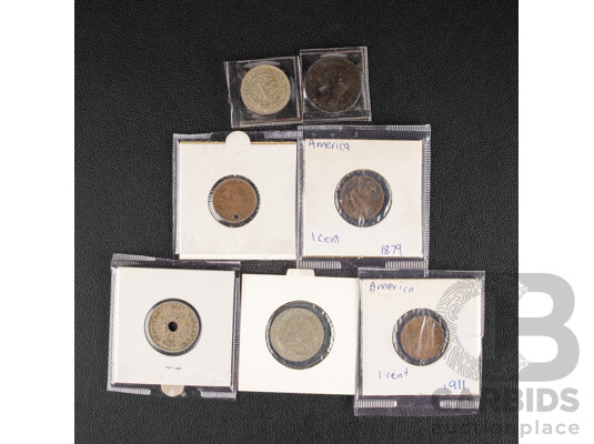 Collection of Antique Coins Including USA 1859, 1911 One Cents, 1879 Indian Head One Cent, Greece 1882 Five Lepta, Belgium 1862, 1902 Ten Centimes, Uruguay 1901 Five Cents