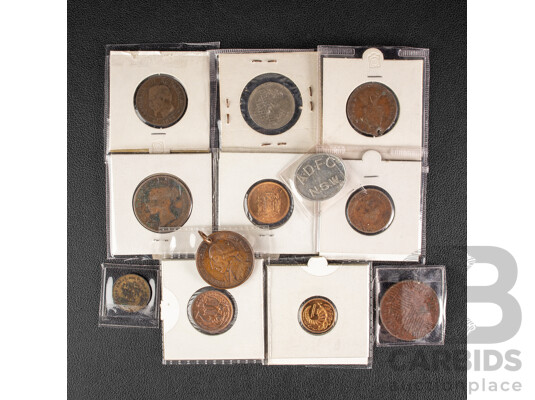 Collection of Antique/Vintage Coins and Tokens Including Australian 1890 Great Southern Draper Medallion, One Penny Milk Bottle Token, 1938 Australia 150th Anniversary Medal, France 1856 Five Centimes, Germany 1955 One Mark