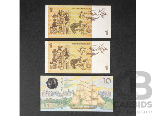 Two Australian 1982 First Prefix One Dollar Notes, Johnston/Stone R78F with 1988 Ten Dollar Note, Bicentennial, R310b