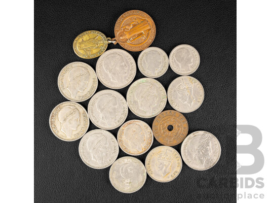 Collection of Vintage Coins and Medals Including Zimbabwe 1952 Penny, Two East Africa 1948 Shillings, Pakistan 1949 One Rupee, Algeria 1940's-50s Coins, Sisters of St Benedict Medals
