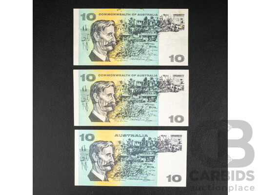 Three Australian Ten Dollar Notes Including 1968 R303 Phillips/Randall, 1972 Phillips/Wheeler R304, 1985 Johnston/Fraser R309