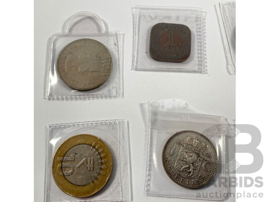 Collection of Vintage and Antique International Coins Including Netherlands 1958 Silver One Guilder, France 1854 Napoleon Ten Cents, Pakistan, Malaya, Straits Settlements, India, San Marino, British Borneo,