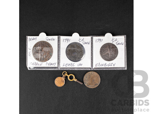 Collection of Meadals and Merchant Tokens Including 1905 Medal Commemorating Centenary of the Battle with HMS Victory and Nelson, Australian Nineteenth Century Iredale & Co Half Penny, Great Britain Edinburgh/Hutchinson's Half Penny..............