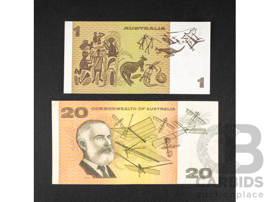 Australian 1968 Twenty Dollar Note, R403 Phillips/Randall and 1982 UNC One Dollar R78L Last Prefix Johnston/Stone