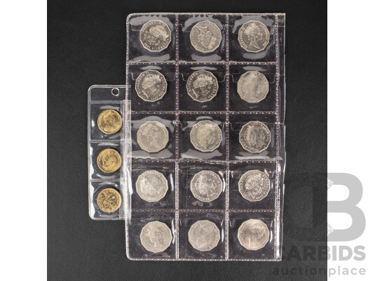Australian Commemorative Fifty Cent Coins Including 1970 Cook, 2001 Federation, 2000 Millennium, Three UNC One Dollar Coins, 1984, 2005, 2012 Wheat Sheaf M Mint Mark