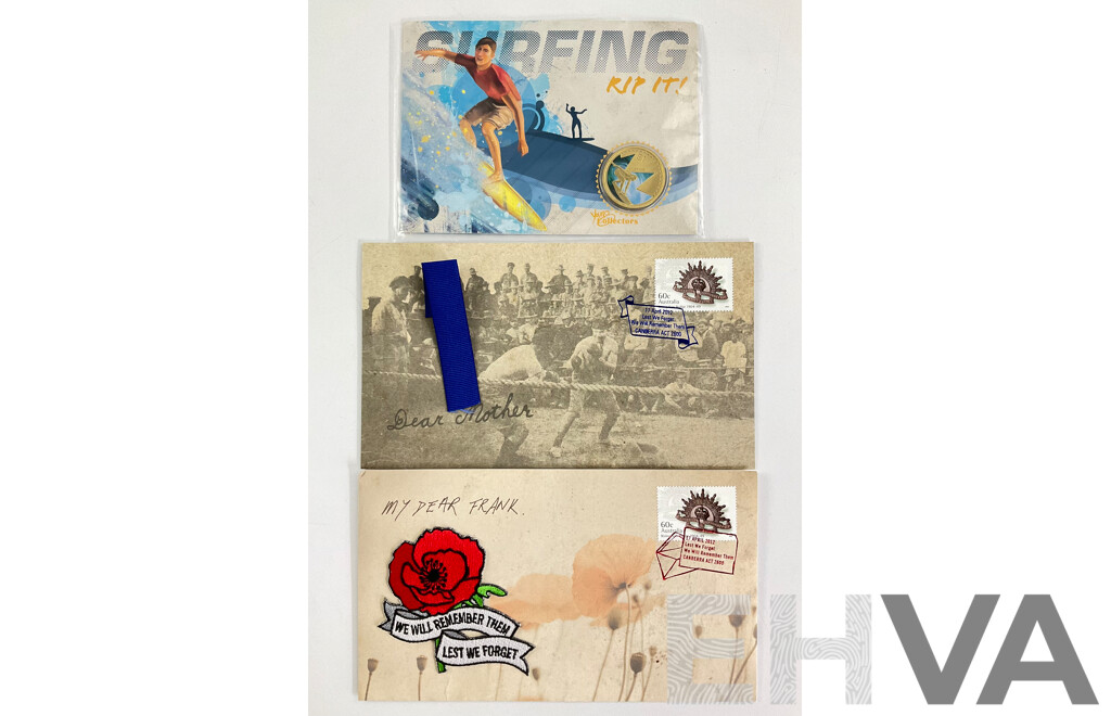 Australian Perth Mint 2013 One Dollar, Surfing - Rip It! 2012 We Will Remember Them and Dear Mother PNCs