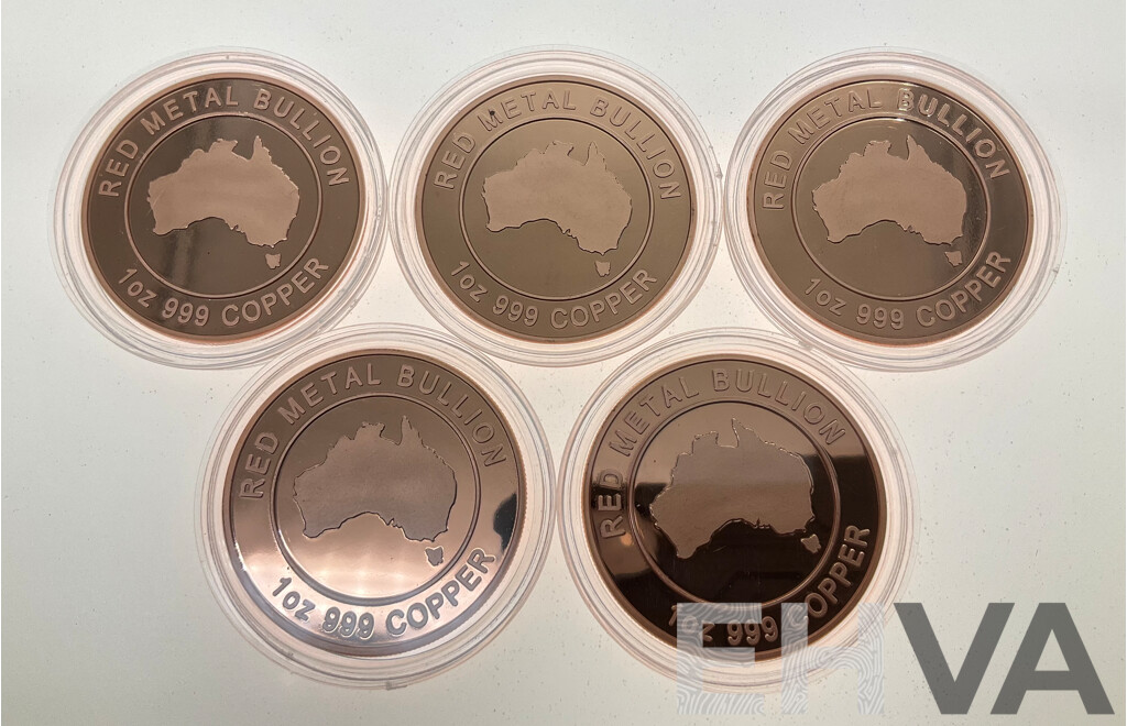 Five Australian Red Metal Bullion One Ounce Copper Coins