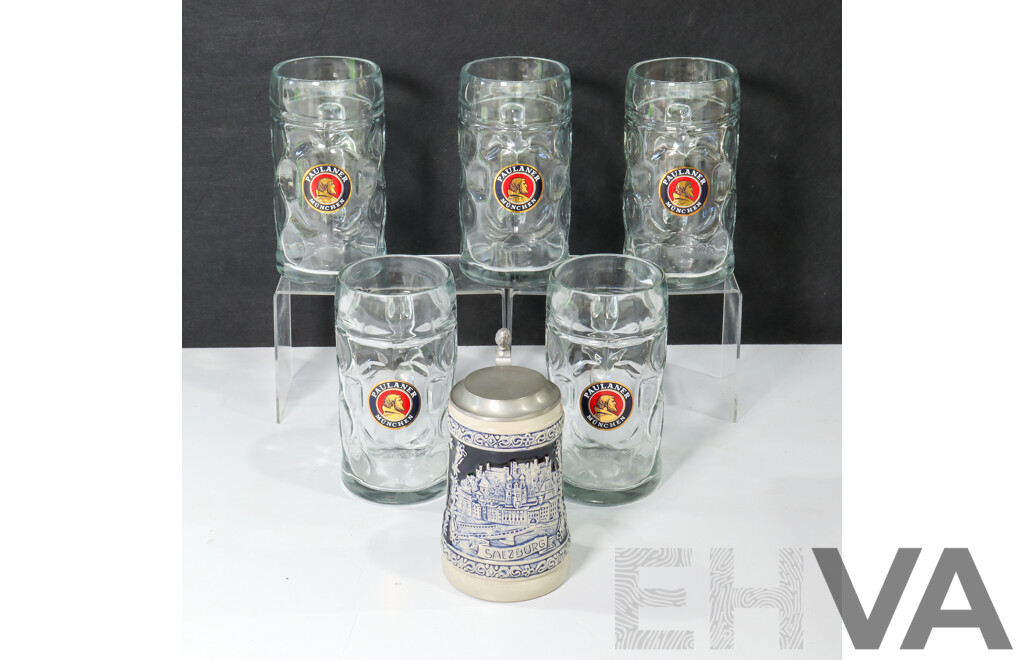 Collection of Six German Steins Including Paulaner Munchen One Liter Dimple Glass and Salzburg Pewter Blue/Grey Ceramic Example