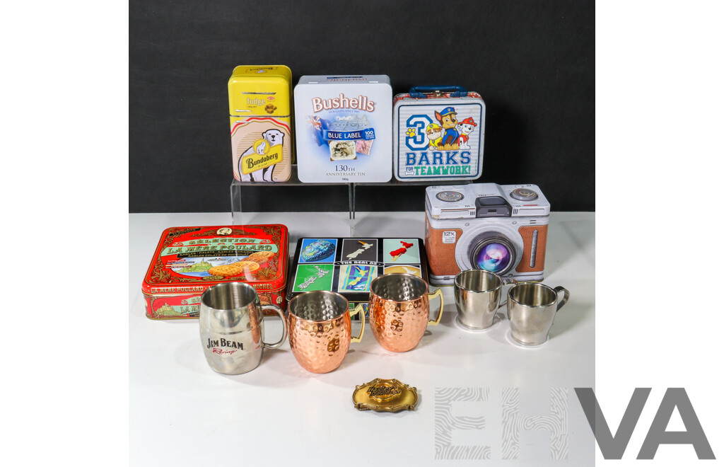 Harley Davidson Belt Buckle with Six Storage Tins Including Film Camera Example and Copper Tone and Stainless Steel Cups