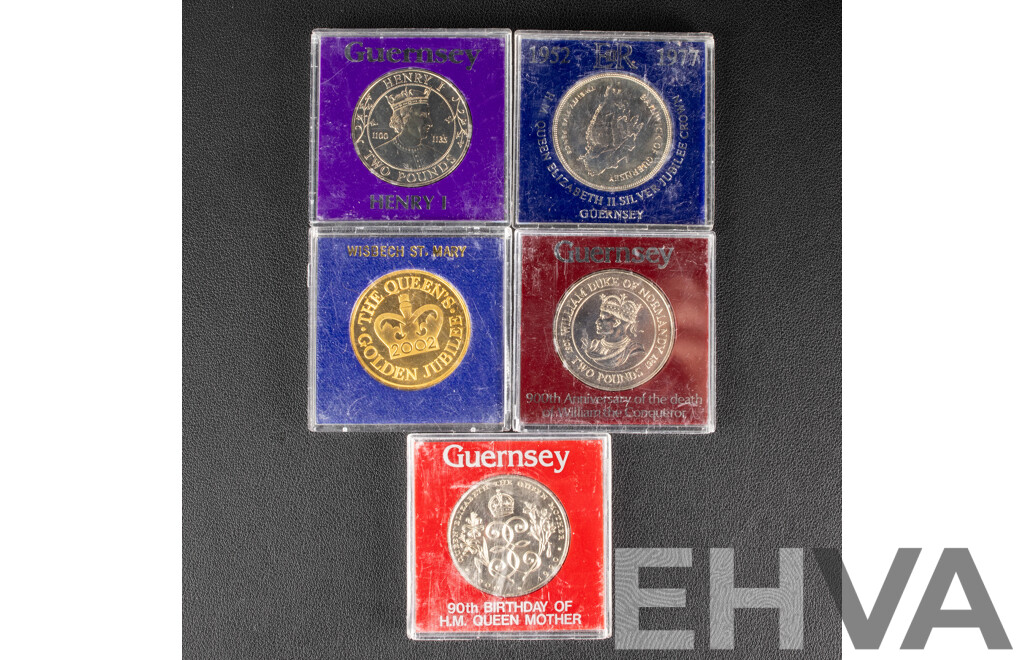 United Kingdom 2002 Gold Plated QE2 Golden Jubilee Coin with Guernsey 1977 Commemorative Crown, 1982,1987,  1990 Two Pound Coins