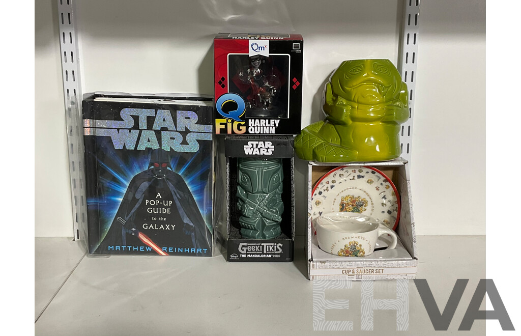 Star Wars Pop Up Guide to the Galaxy, Geeki Tikis Mandalorian Mug and Ceramic Vase, Boxed Harley Quinn Figure, Harry Potter Cup and Saucer Set