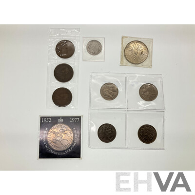 Three Australian KGV Pennies Including 1911, 1912, 1920 Four High Grade Twenty Cents, 1966, 1967, 1970, 1973, United Kingdom 1977 Jubilee Crown, 1980 Queen Mother Crown, Austria 1947 One Shilling