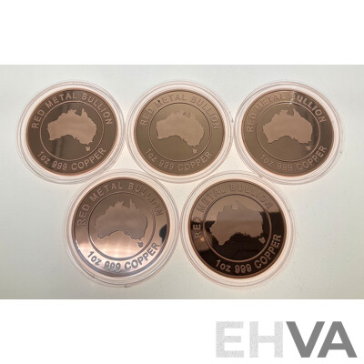 Five Australian Red Metal Bullion One Ounce Copper Coins