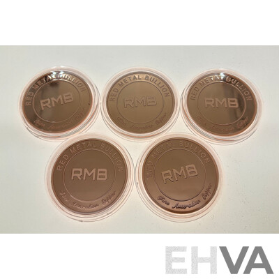 Five Australian Red Metal Bullion One Ounce Copper Coins