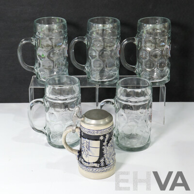 Collection of Six German Steins Including Paulaner Munchen One Liter Dimple Glass and Salzburg Pewter Blue/Grey Ceramic Example