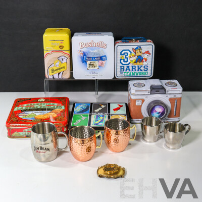 Harley Davidson Belt Buckle with Six Storage Tins Including Film Camera Example and Copper Tone and Stainless Steel Cups