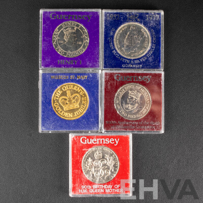 United Kingdom 2002 Gold Plated QE2 Golden Jubilee Coin with Guernsey 1977 Commemorative Crown, 1982,1987,  1990 Two Pound Coins
