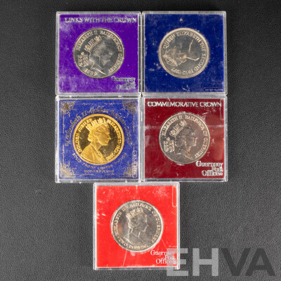 United Kingdom 2002 Gold Plated QE2 Golden Jubilee Coin with Guernsey 1977 Commemorative Crown, 1982,1987,  1990 Two Pound Coins