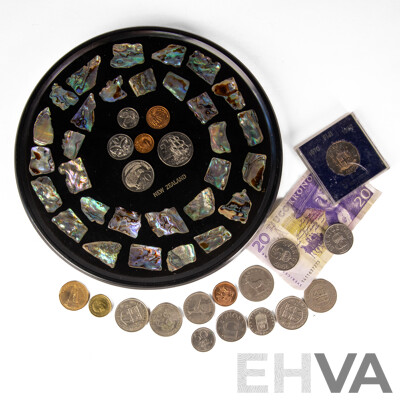 Collection of Vintage International Currency Including Brazil 1927 Four Hundred Reis, Rhodesia 1964 2'6, Fiji 1980 Fifty Cent, Tenth Anniversary of Independence, New Zealand UNC Set with Mother of Pearl Surround and More