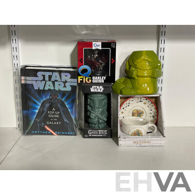 Star Wars Pop Up Guide to the Galaxy, Geeki Tikis Mandalorian Mug and Ceramic Vase, Boxed Harley Quinn Figure, Harry Potter Cup and Saucer Set