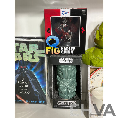 Star Wars Pop Up Guide to the Galaxy, Geeki Tikis Mandalorian Mug and Ceramic Vase, Boxed Harley Quinn Figure, Harry Potter Cup and Saucer Set