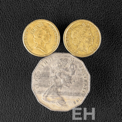 Two Australian 1999 Two Dollar Coins with Rim Errors and 1981 Fifty Cent Coin with Lamination Peel