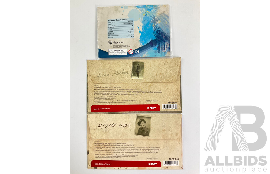 Australian Perth Mint 2013 One Dollar, Surfing - Rip It! 2012 We Will Remember Them and Dear Mother PNCs