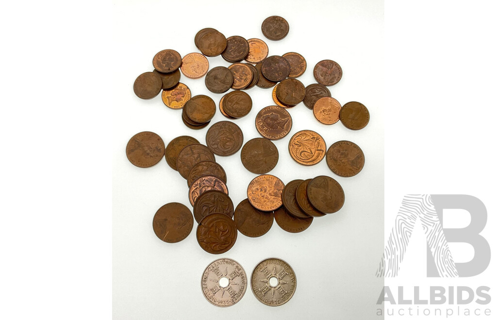 Two Papua New Guinea Silver Shillings 1935 and 1938 with Australian One Cent Coins, Examples Spanning 1968 to 1980's  and Two Cents Spanning 1966 to 1980's