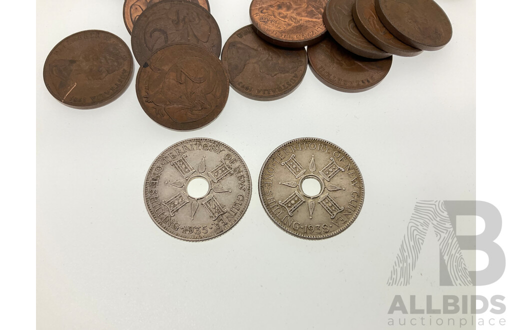 Two Papua New Guinea Silver Shillings 1935 and 1938 with Australian One Cent Coins, Examples Spanning 1968 to 1980's  and Two Cents Spanning 1966 to 1980's