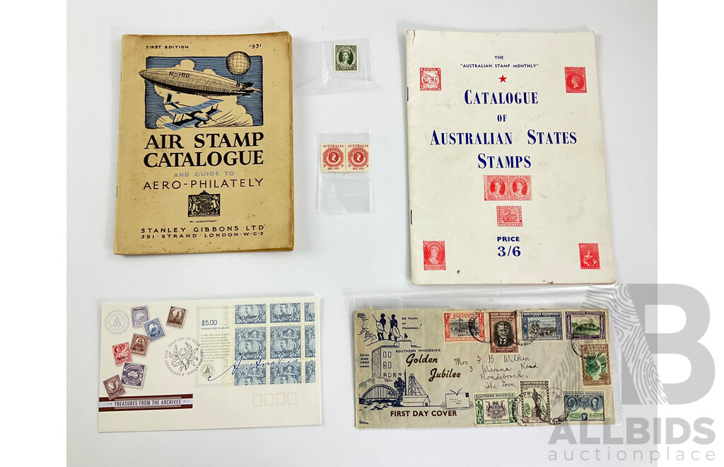 Stanley Gibbons 1931 Air Stamp Catalogue, Aero Philately, Australian Stamp Monthly Catalogue of Australian Stamp, Mint 1953 and 1960 Stamps, Southern Rhodesia 1940 Golden Jubilee First Day Cover