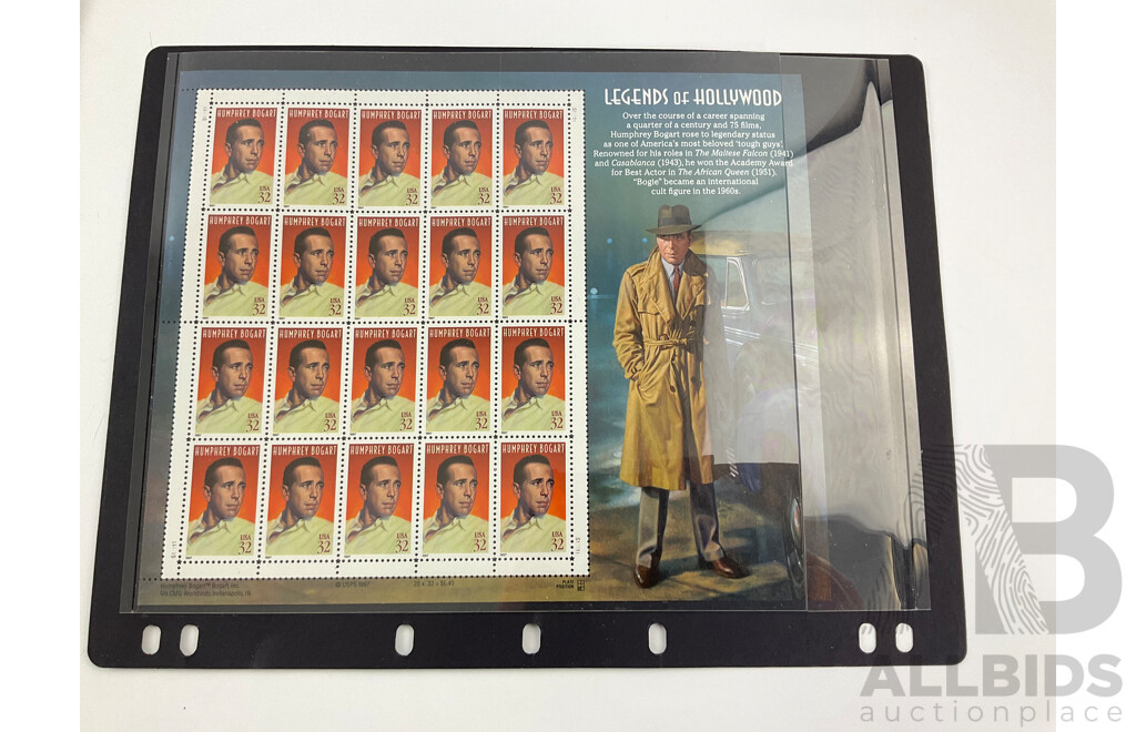 USA Mint Stamp Sheet, Legends of Hollywood, Humphry Bogart, 1942: Into the Battle Mint Stamp Strips, Two Coca Cola Bottlers Selection of Pictorial Stamps of the World, Collection of Hong Kong Stamps, Cocos Island 25 Anniversary 1st Definitive Issue