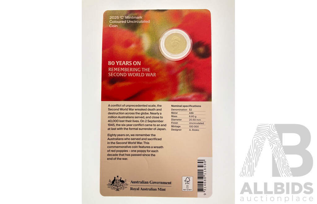 Australian RAM 2025 Two Dollar Coin, 80 Years on - Remembering the Second World War, C Mint Mark