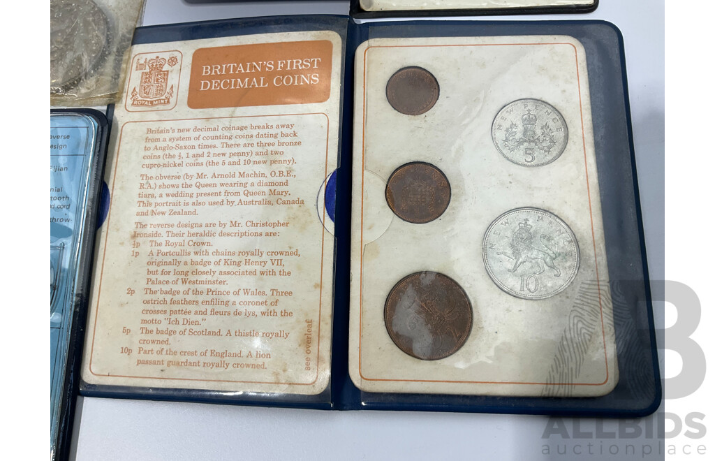 Seven UNC Coin Sets Including Britains First Decimal Coins, Japan Mint Breau, New Zealand 1967, Spain 1980,  Fiji 1983 and 1984