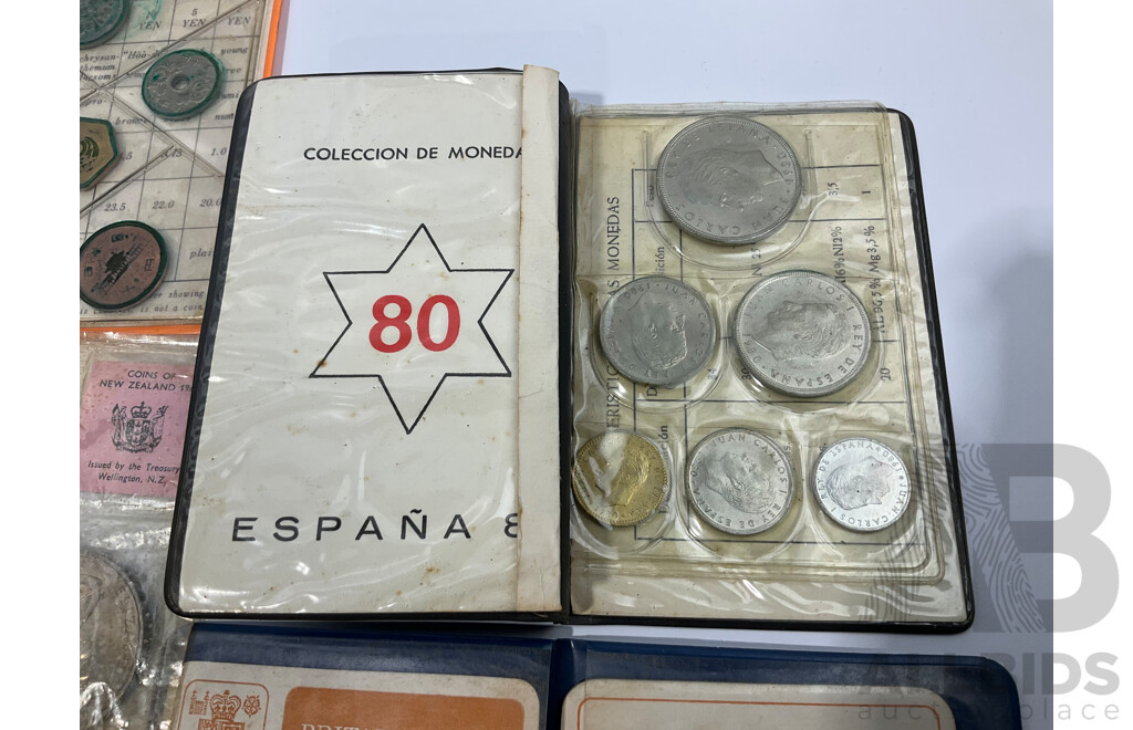 Seven UNC Coin Sets Including Britains First Decimal Coins, Japan Mint Breau, New Zealand 1967, Spain 1980,  Fiji 1983 and 1984