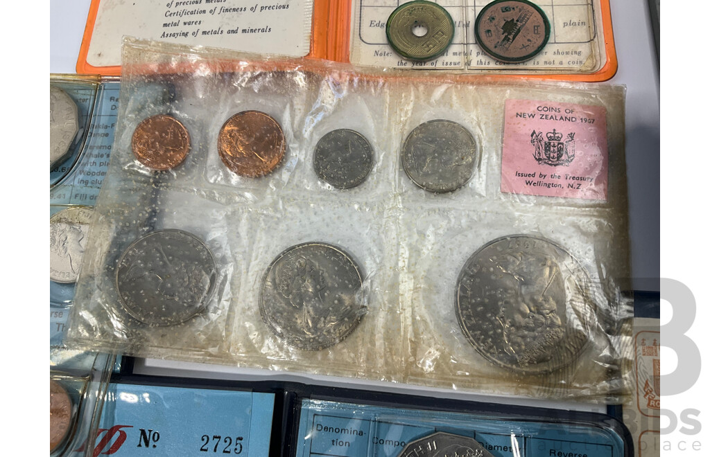 Seven UNC Coin Sets Including Britains First Decimal Coins, Japan Mint Breau, New Zealand 1967, Spain 1980,  Fiji 1983 and 1984