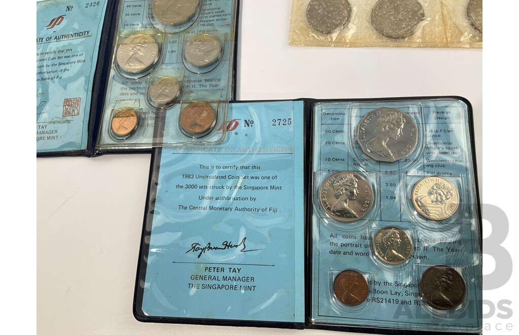 Seven UNC Coin Sets Including Britains First Decimal Coins, Japan Mint Breau, New Zealand 1967, Spain 1980,  Fiji 1983 and 1984