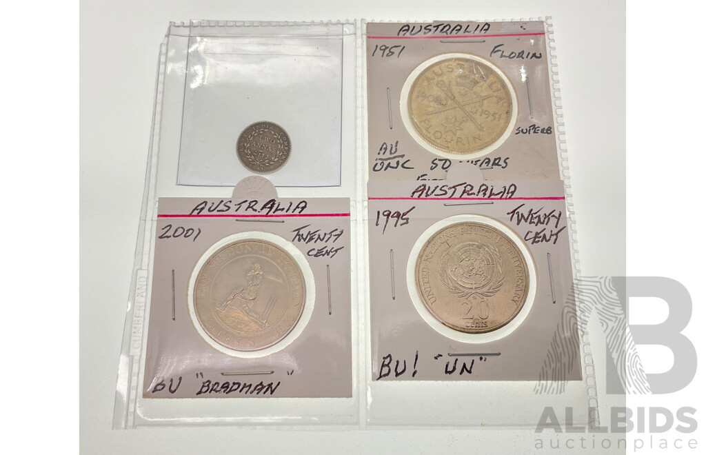 Australian 1951 Silver Commemorative Florin, Twenty Cents Including 2001 Bradman and 1995 United Nations with India Company 1841 Silver Two Annas