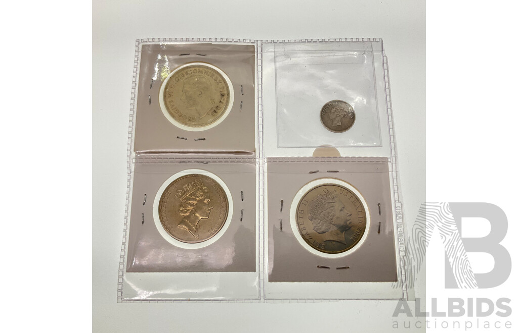 Australian 1951 Silver Commemorative Florin, Twenty Cents Including 2001 Bradman and 1995 United Nations with India Company 1841 Silver Two Annas