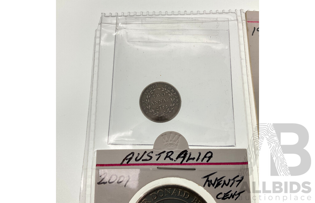 Australian 1951 Silver Commemorative Florin, Twenty Cents Including 2001 Bradman and 1995 United Nations with India Company 1841 Silver Two Annas