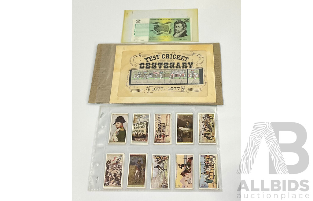 Australian 1968 COA Two Dollar Note, Phillips/Randall, 1977 Test Centenary Stamp Block with John Player Napoleon Cigarette Card Set