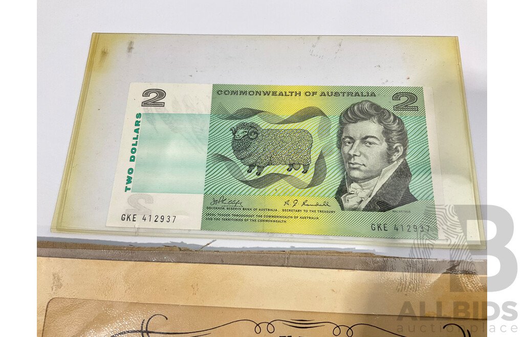 Australian 1968 COA Two Dollar Note, Phillips/Randall, 1977 Test Centenary Stamp Block with John Player Napoleon Cigarette Card Set