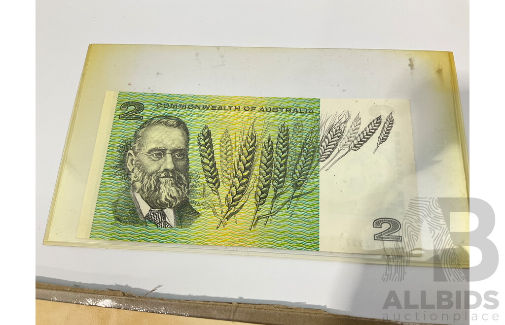 Australian 1968 COA Two Dollar Note, Phillips/Randall, 1977 Test Centenary Stamp Block with John Player Napoleon Cigarette Card Set