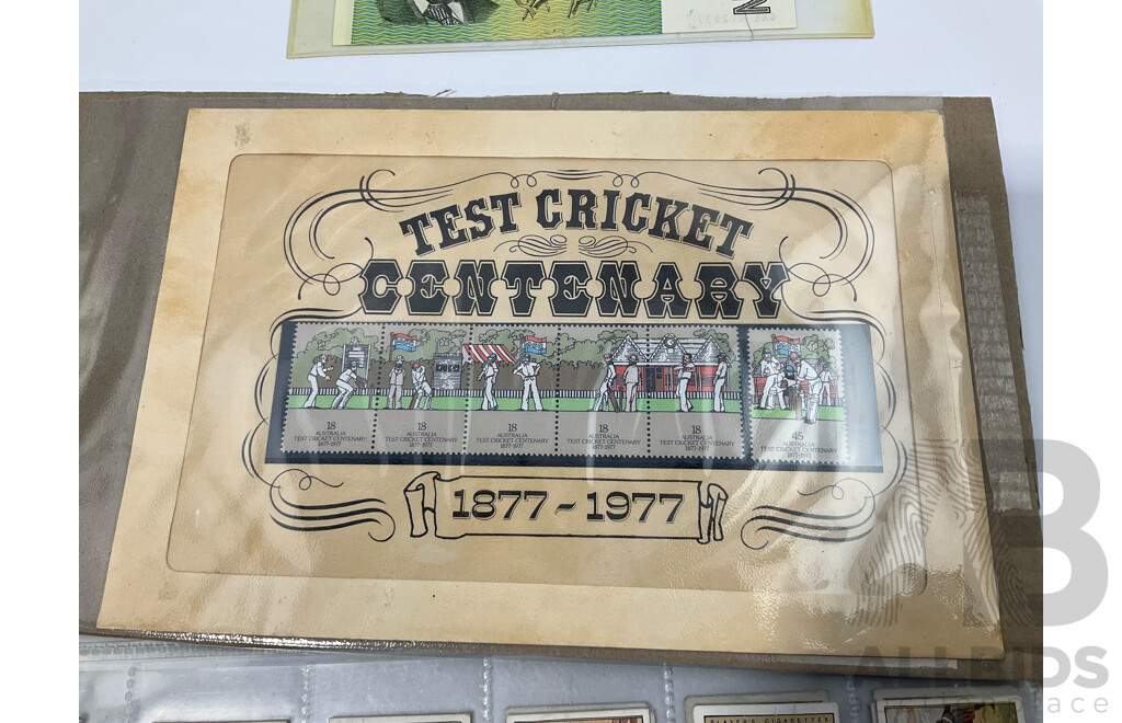 Australian 1968 COA Two Dollar Note, Phillips/Randall, 1977 Test Centenary Stamp Block with John Player Napoleon Cigarette Card Set